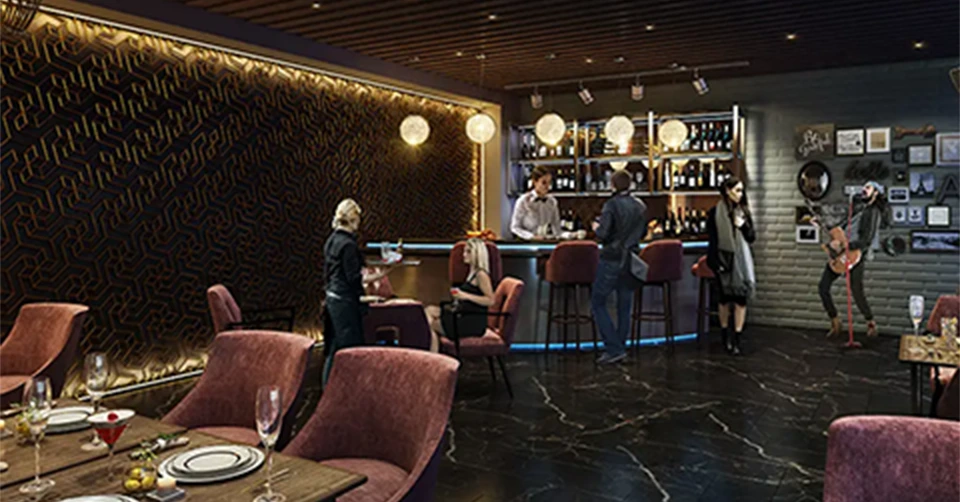 Living room with orange sofa and wooden partition