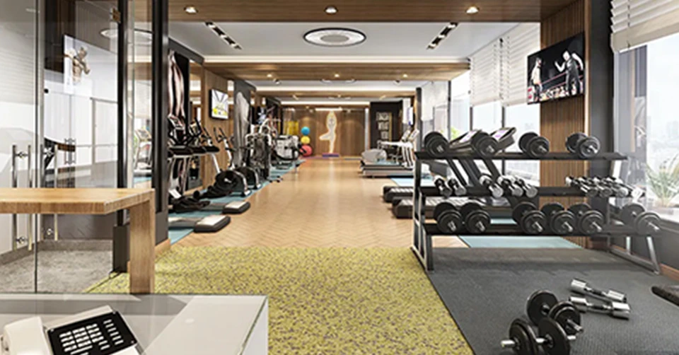 Elegant living room with blue ottoman