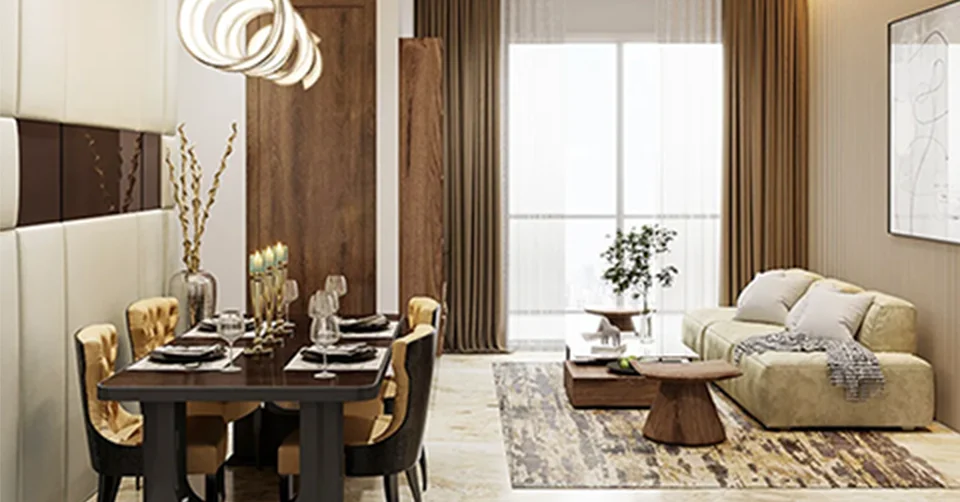 Elegant living room with blue ottoman